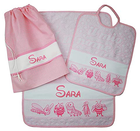 Bubabù SET ASILO PERSONALIZZATO CON NOME composto da 3 pezzi:bavaglino spugna con elastico cm.28x33, asciugamano cm.40x55 e sacca con fascia PERSONALIZZATI Cotone 100% Made in Italy (ROSA)