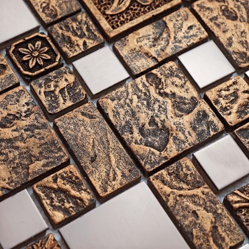 Hominter Bronze & Brushed Metal Mosaic Tile Copper Textured Resin Decorative Wall Backsplash for Kitchen Backsplash, Bathroom Wall, Fireplace Surrounds (5 Square Feet)