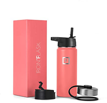 Iron Flask Bouteille d'eau de sport - 18 oz, 3 couvercles (couvercle en paille), acier inoxydable isolé sous vide, chaud froid, moderne à double paroi, tasse thermo simple (pêche)