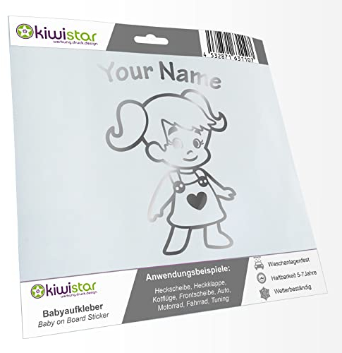 Kiwistar - Babyaufkleber - Chrom - Mädchen Zöpfe Herz Sticker - mit Wunschtext individuell personalisiert 20cm - für Auto, Motorrad, Fahrrad, Tuning