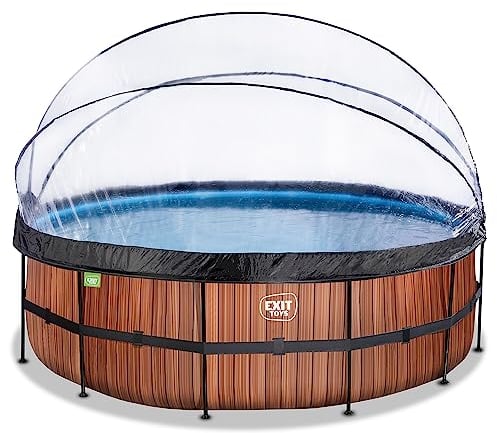 EXIT Toys Piscine Wood avec dôme multifonctionnelle - ø450x122cm - Grande piscine avec pompe à filtre à sable et échelle de piscine - Extra profonde - Pour une eau de piscine propre et chaude - Marron