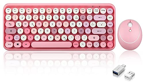 Perixx PERIDUO-713 Kabelloses Mini Tastatur und Maus Desktop Set, Retro Vintage Schreibmaschinen Design, Pink Rosa, QWERTZ
