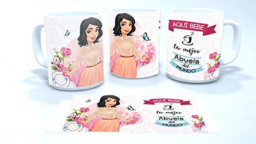 Taza Desayuno Personalizada para la Abuela Regalo día de la madre.-Aquí Bebe la Mejor Abuela del Mundo.- Regalo original para mujeres con frase.350 ml. (Abuela Morena)