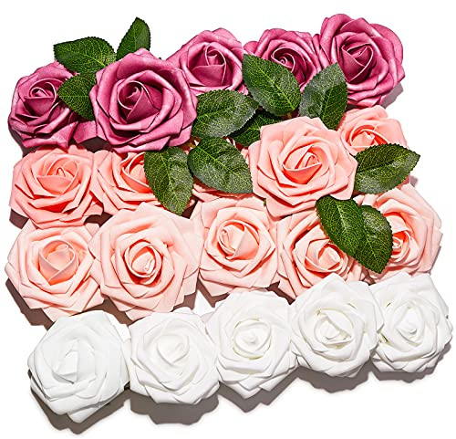 PartyWoo Rose artificiali, 20 pezzi di fiori decorativi, in schiuma, decorazione di compleanno, nozze, per feste (rosa e bianco)