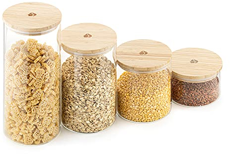 Navaris Glass Storage Jars (Set of 4) - Airtight Food Containers with Wooden Bamboo Lids - Stackable Cylinder Canister Design for Kitchen Dry Goods