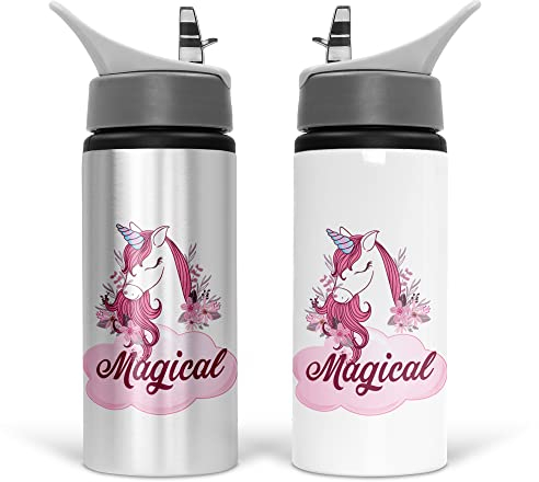 Print Maniacs Personalised Water Bottle Unicorn School Sport Drink 600ml Leakproof Spill Proof Aluminium Hot Cold Flip up Kid Boys Girls Biking Gift (No Name)