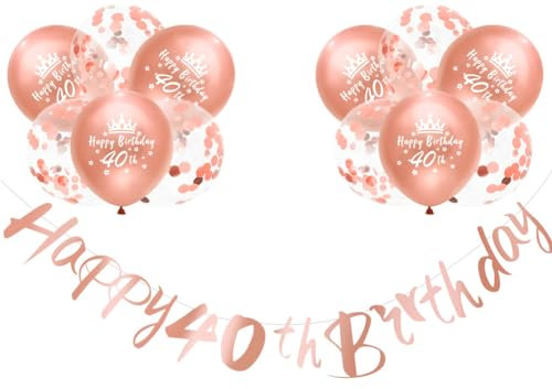 Happy 40th Birthday Banners Rose Gold Women 40th Birthday Banner Bunting Personalized Including 12 Pack 12” Latex Printed Balloons Women 40 Decorations Supplies
