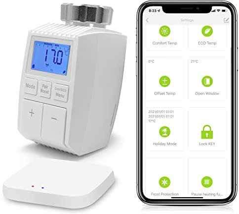 BSEED Smart Thermostat Valve & Hub, LED Display & Button Room Thermostat Head Radiator, Timer Voice APP WiFi Control, Low Energy Tube, Alexa Google Home Tuya Hub Needed, Home Holiday Child ECO Model