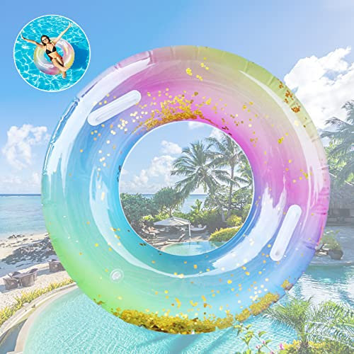 Pukitt Swimming Ring Adults, Rainbow Sequins Swim Ring With Safy Handle, Transparent Floating Ring, Durable Inflatable Pool Floats, Swimming Ring Tube For Summer Pool Party And Water Sports