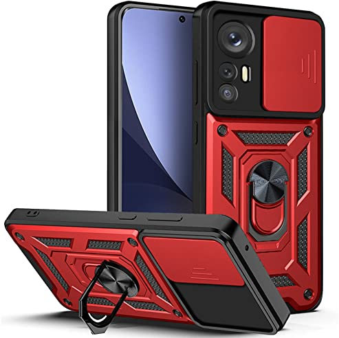 AENOCH Coque pour Xiaomi 12 / 12X avec Cache Webcam & Support Annulaire à 360 Degrés, Anti-Chute Étui Housse Compatible avec Support De Voiture Magnétique, Rouge