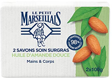 Le Petit Marseillais | Savon Soin Surgras Huile d'Amande Douce (2 pains de 100 g) – Savon solide mains & corps avec 98 % d'ingrédients d'origine naturelle – Emballage en papier recyclable