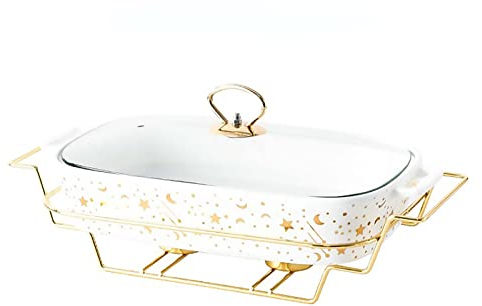 Rectangle Chafing Dish, Buffet Servers and Warmers, 1L Ceramics Chaffing Dish Buffet Set Food Warmers for Buffet Catering with Glass Lid & Fuel Holder - S,Bianca