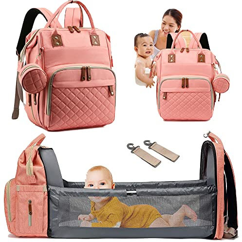 Fexkean Zaino Multifunzionale Per il Cambio Del Pannolino, Grande Capacità Unisex, Impermeabile Borsa Da Viaggio Portatile Con Letto Pieghevole - (Rosa)