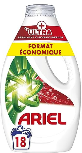 Ariel Lessive Liquide, 4 x 18 Lavages, +Ultra Détachant, Élimine Les Taches Incrustées, Même Après 7 Jours, Fabriqué En France