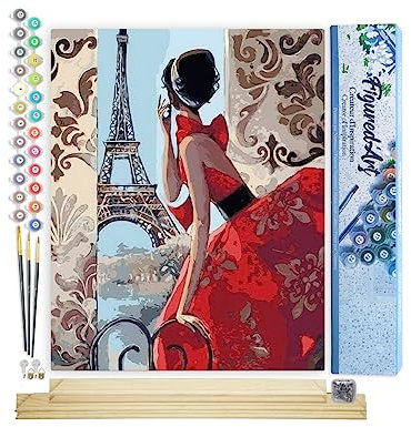 Figured'Art Peinture par Numéro Adulte Belle Femme et Tour Eiffel - Activité Manuelle Kit de Loisir Créatif DIY Numéro d'Art Complet - 40x50cm avec châssis en bois à monter