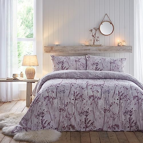 Drift Home - Eco-Friendly Purple Floral Duvet Cover - King Bedding Size (230 x 220cm) - Soft Brushed Cotton - Sustainable Recycled Cotton - 2 Pillowcases - Lilac Bedding - Meadow Field Duvet Cover