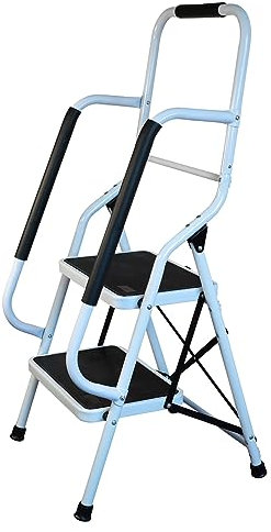 2 Step Safety Stepladder – White Foldable Decorating Platform Ladder with Wide Non-Slip Treads, Safety Handrail & Rubber Ferrules, Ideal for Cleaning & Home DIY – 150kg Capacity, H110 x W48 x D46cm