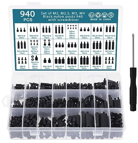 HSEAMALL 940PCS Nylon Hex Standoff Abstandshalter Schraube Mutter M2 M2.5 M3 M4, Schwarz Außengewinde Säule PCB Motherboard Standoff Schraube