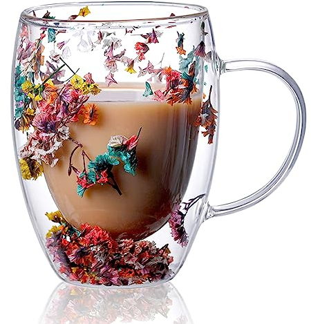 Klar Doppelwandige Gläser - Latte Macchiato, Cappuccino, Kaffee, Tee Mit Henkel - Kreativ Blumen Design - Thermogläser Für Milchkaffee, Espresso, Saft