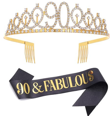Dimetey '90 & Fabulous' Schärpe & Strass Tiara Set - 90. Geburtstag Geschenke für Frauen - Schwarz Gold - Damen 90 Geburtstag Party Dekoration (Schwarz 90th), Large, Metall, Konglomerat