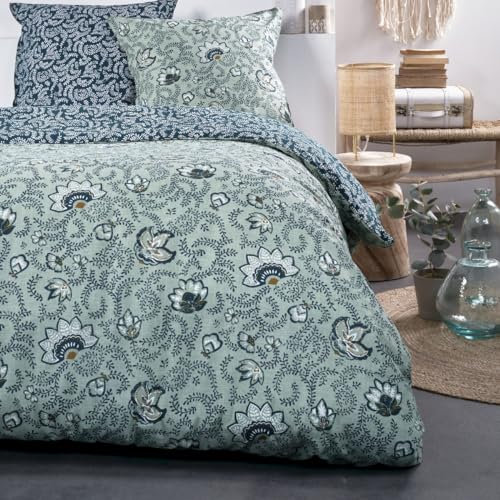 TODAY Bettwäsche für Doppelbett, Bedruckt mit Blättern und Blumen, aus Baumwolle, Sunshine, Blau, 220 x 240 cm