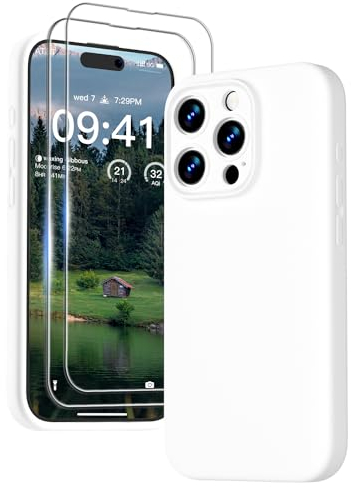 GOODVISH [3 in 1 für iPhone 15 Pro Max Hülle Silikon, mit 2 Schutzfolie [Upgraded Kameraschutz] Soft Mikrofaserfutter Handyhülle Kratzfest stoßfeste Schutz Case für iPhone 15 Pro Max 6.7, Weiß