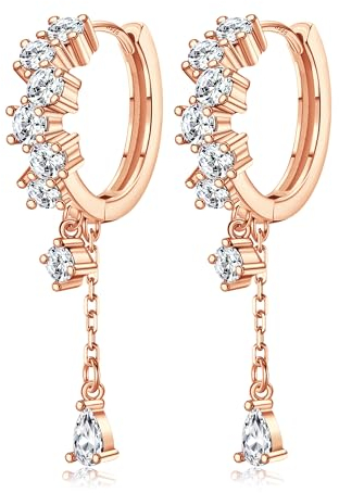 Adramata Damen Ohrringe Silber 925 Hängend Ohrringe Creolen Glitzer Creolen mit Anhänger Statement Ohrringe Tropfen Quaste Kette Ohrhänger Klein Creolen Rosegold Gold Silber Ohrringe Damen Frauen