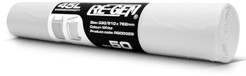 RE-GEN 45L White Swing, Pedal, Square Bin Liners Refuse Sacks (1 Roll, 50 Bags) Everyday, Office & Home Use | Industrial Strength Rubbish Garbage Bags 330/610 x 672mm