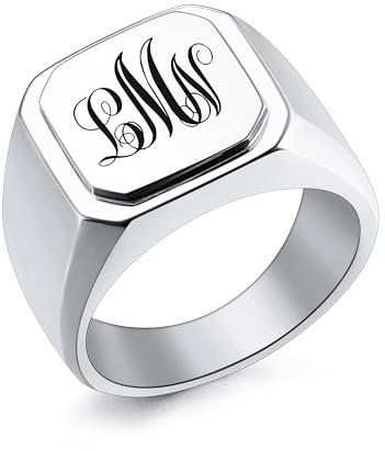 INBLUE Personalisierte Gravierte Name/Initial Monogramm Signet Ringe für Männer mit Optionalen Größe 54-75 Edelstahl Buchstabe Ringe mit Ringe Größe Adjusters Mode Ringe Schmuck für Jahrestag - A3