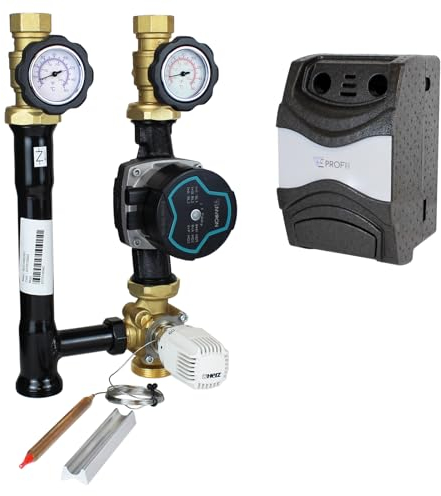 ENVIRON- Profimix Pumpengruppen Konfigurator | 3-Wege-Mischer Umwälzpumpe Stellmotor Pumpengruppe mit Mischer (3-Wege-T-Mischer mit Herz-Thermostatkopf 20-50°C, Environ Ecostar 25/6)