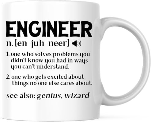 Bliss Monkey Co. Engineer Definition BMCM00203 - Taza de café con mango blanco de 11 onzas, divertida taza de ingeniero impresa en ambos lados, apta para lavavajillas y microondas, cerámica de alta