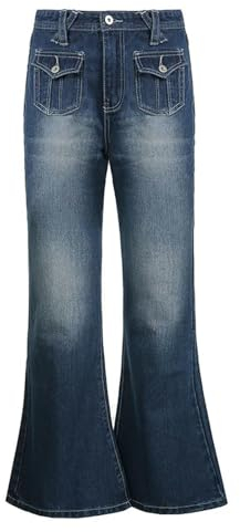 Style Harajuku Hot Denim Jeans Y2K Low Waist Taschen Skinny Flare Pants 2000er Cargohose-Blau-S