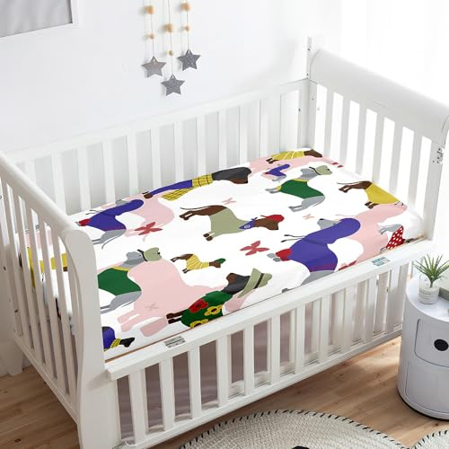 Odot Spannbettlaken für Kinderbett, Dackel Drucken Kinderwagen Matratzenbezug, Weiche Babybett Spannbetttuch Stubenwagen Bezug, Beistellbett Spannbettlaken (Mode hund,55x90 cm)