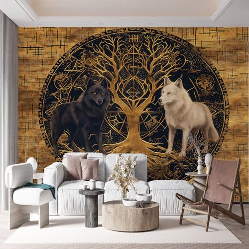 Art Fototapete Wikinger Wolf Vier Jahreszeiten Baum Tapeten, Schwarz Wandtapete Wohnzimmer Schlafzimmer, 400 x 280 cm (WxH) Wandbild Wandtattoo Poster Dekoration