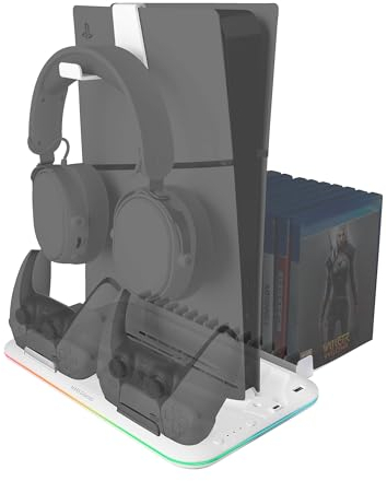 Mars Gaming MPS5-B2, Soporte RGB para PS5 Slim Estándar y Digital, 1x Ventilador, Cargador Doble de Mandos, Soporte PS5 con Iluminación Neón RGB, Organizador Videojuegos + Soporte Auriculares, Blanco