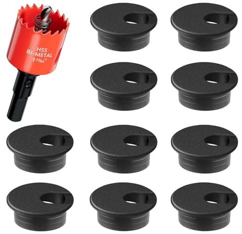 Desk Grommet 35mm - 10 Pack Black Cable Grommet & Desk Hole Cover with Hole Saw for Cables, Cord Management for Office, TV, and Home Table
