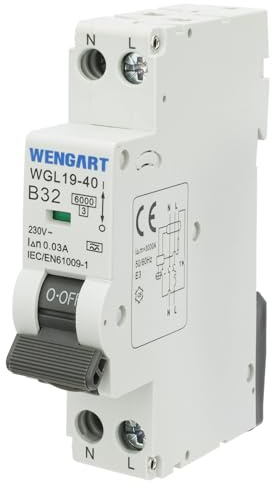 Wengart RCBO FI/LS-Schalter Typ A, 32A 30mA, 1P+N, 6kA, Kompakter Fehlerstrom-Leitungsschutzschalter (1TE/18mm), Sicherungsautomat für Balkonkraftwerke & Hausinstallation, AC 230V