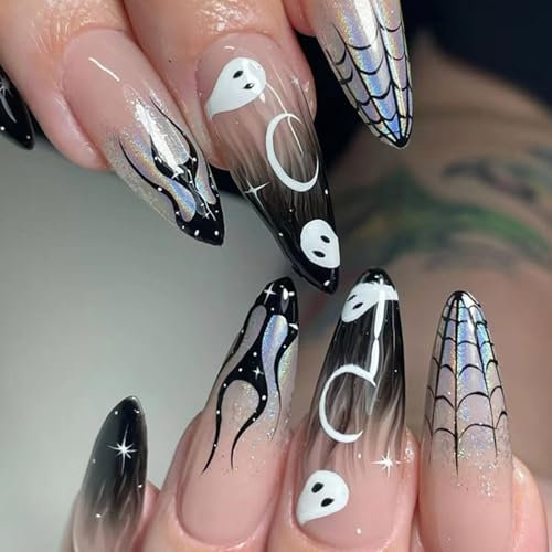 Ceboic 24Pcs Halloween French Press on Nails - Long Almond False Nails Full Cover Fake Nails with Cute Ghost Pattern - Removable Stick on Nail Acrylic Manicure Kit for Women Girls