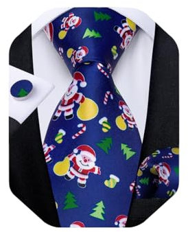 DiBanGu Mens Weihnachten Krawatte Set Lustige festliche Krawatte Gewebte Pocket Square Manschettenknöpfe Set mit Geschenkbox, Blau und rot Weihnachtsmann