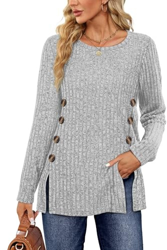 Sampeel Ladies Jumpers Long Sleeve Tops Women Jumpers Symmetrical Button Down Collar Split Womens Jumper Ladies Lightweight Jumpers Size 10-12 Grey