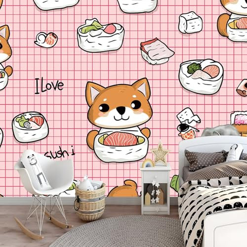 Générique Papier Peint Photo Murale Chambre Enfant 400 x 280 cm 3D Effet Shiba Inu kawaii Papier Peint Style Punk Sushi Mignon Douces pour Fille Papier Peint intissé
