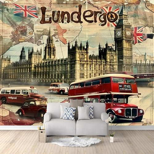 Londoner Eindruck Fototapete Panorama Wandbild Retro Art Fototapete Wandtapete Wohnzimmer Kinderzimmer Wanddeko Vlies Tapeten Poster TV Hintergrund Wandbilder 200x140 cm