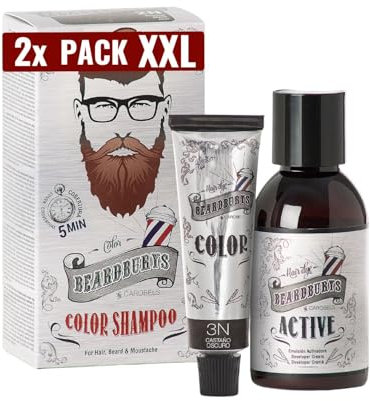 Beardburys Color Shampoo | Pack 2 Tinte de Barba y Cabello Castaño Oscuro en champú, Elimina las Canas y Cuida la Barba, Semipermanente, Sin Parabenos - 150ml