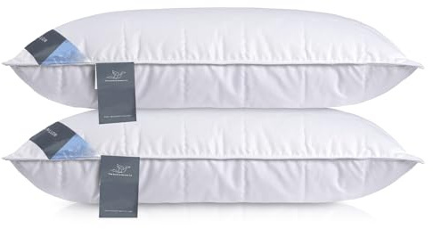 Luxury Feather Down Pillow Medium Premium Soft Downproof Cover Pack of 2 | Downproof fabric with balanced support for back and side sleepers, luxury hotel quality pillow, machine washable.