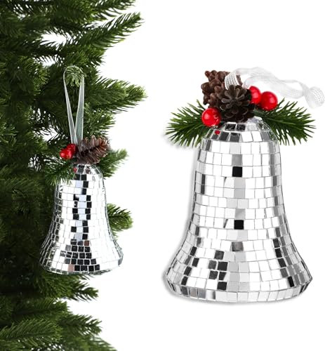 Christmas Disco Bell, Glitter Mirror Xmas Jingle Bell Mosaic Glass Bell Hanging Ornament for Christmas Tree Decoration Party Supplies (Silver)