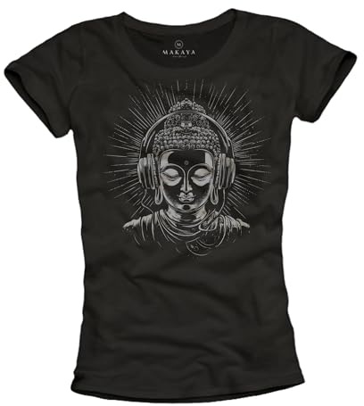 MAKAYA Damen T-Shirt Buddha Kopfhörer Meditation Yoga Motiv Frauen Top