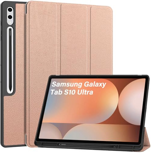 Haofun Funda Compatible con Samsung Galaxy Tab S10 Ultra/S9 Ultra/S8 Ultra, Cover PU Protector, Ultra Delgada Anti-Caída Case con Soporte Bolígrafo, Auto Despertador/Sueño, Oro Rosa