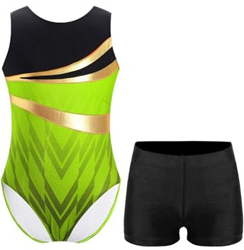 Linjinx Kinder Gymnastikanzug Ärmellose Turnanzug Trikot Body Mit Shorts Turnbody Tanzbody Turnkleidung Turn Outfit Leuchtendes Grün 146-152