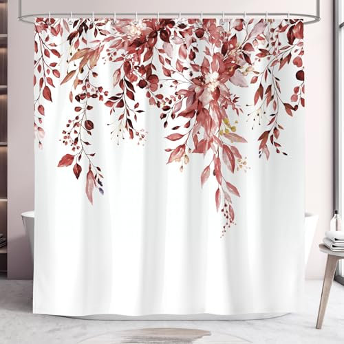 Hopomoon Rideau de Douche Botanique Rouge Feuilles 180x180 cm,Lavables Textile Rideau de Bain imperméable pour Baignoire avec 12 Crochets
