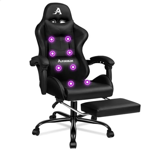 ALFORDSON Silla de oficina con masaje, sillón gamer, ergonómico, con reposapiés, cojín lumbar giratorio, capacidad de carga de 180 kg, negro